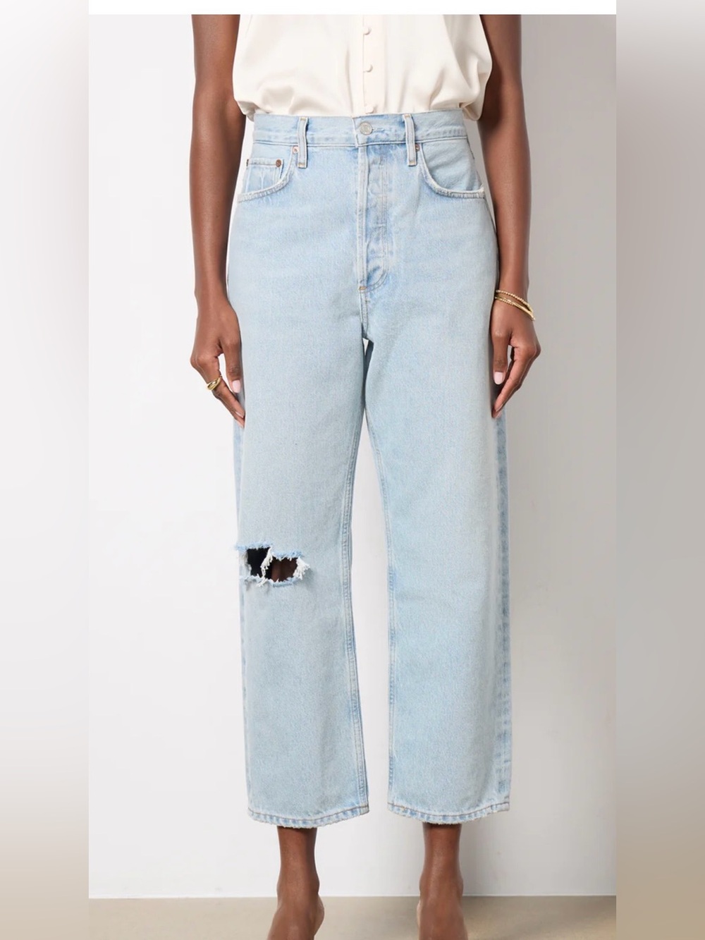 Agolde Light Blue 90s Crop Straight Leg Jeans with Knee Rip